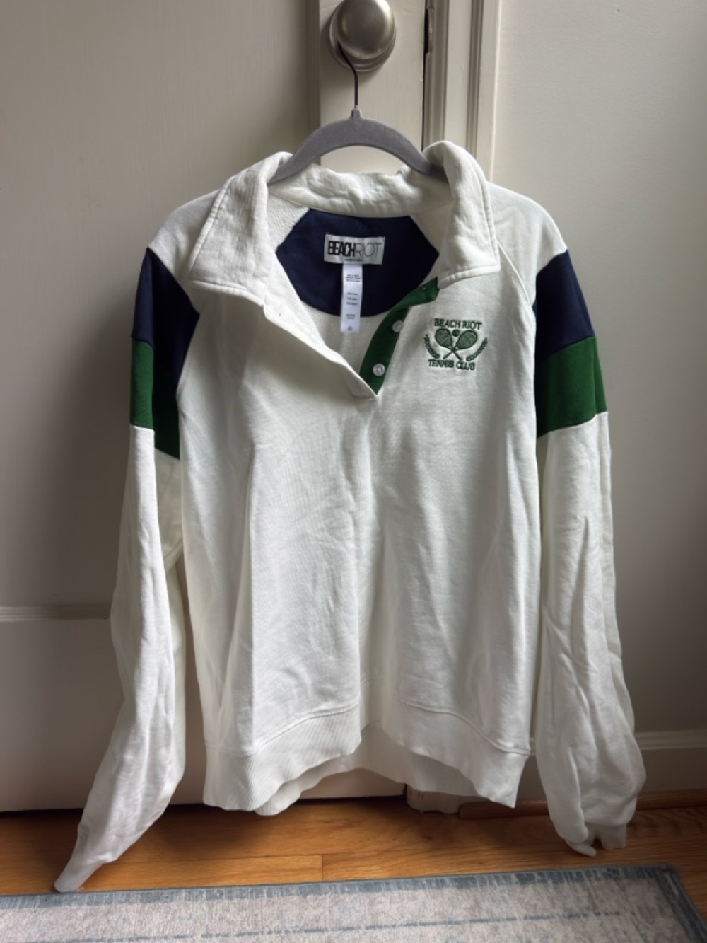 Beach Riot White Pullover with Green & Navy Tennis Accents